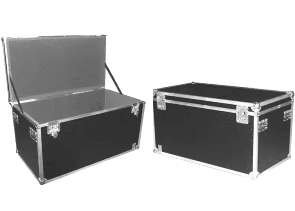 Here's an 8-word alt tag for the image: Two black flight cases; one open, one closed.